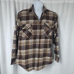 Vintage Roebucks Shirt Mens Medium Brown Plaid Flannel Button Up Hong Kong